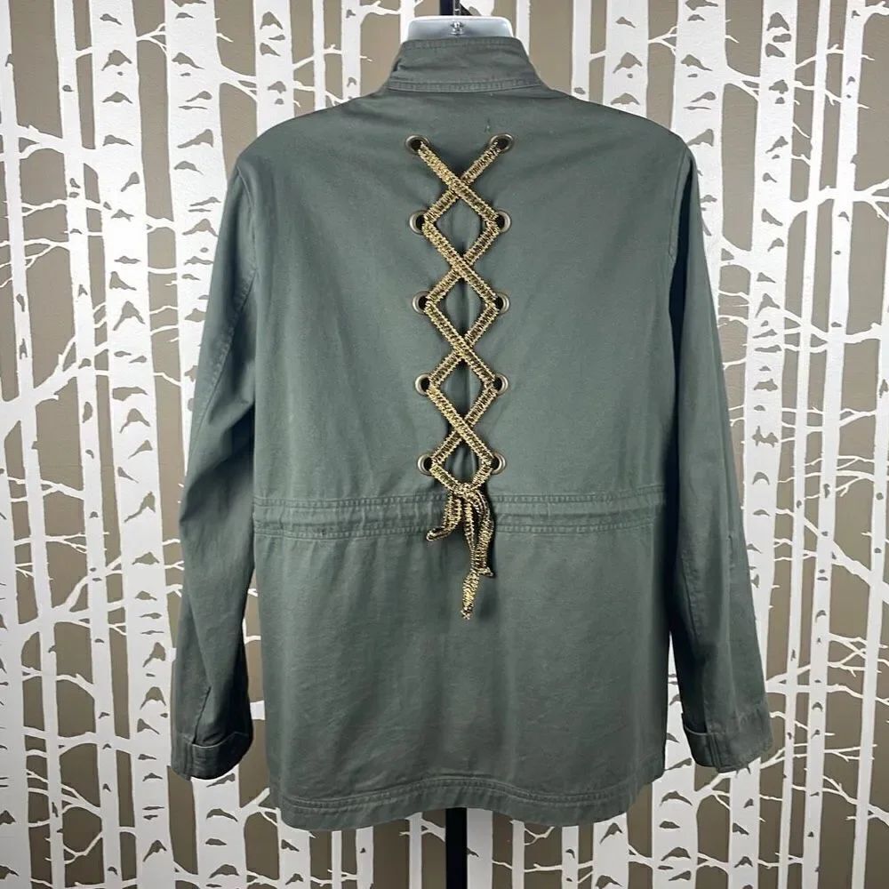 Democracy Olive Green Studded Lace Back Accent Cargo Jacket sz M - Picture 3 of 10